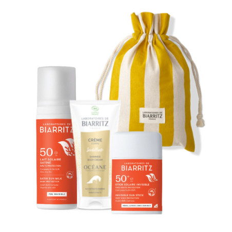Sunny Trio Pouch: Latte Solare Satinato SPF50, Stick Solare Labbra e Zone Sensibili SPF50+ e Crema Corpo Scintillante